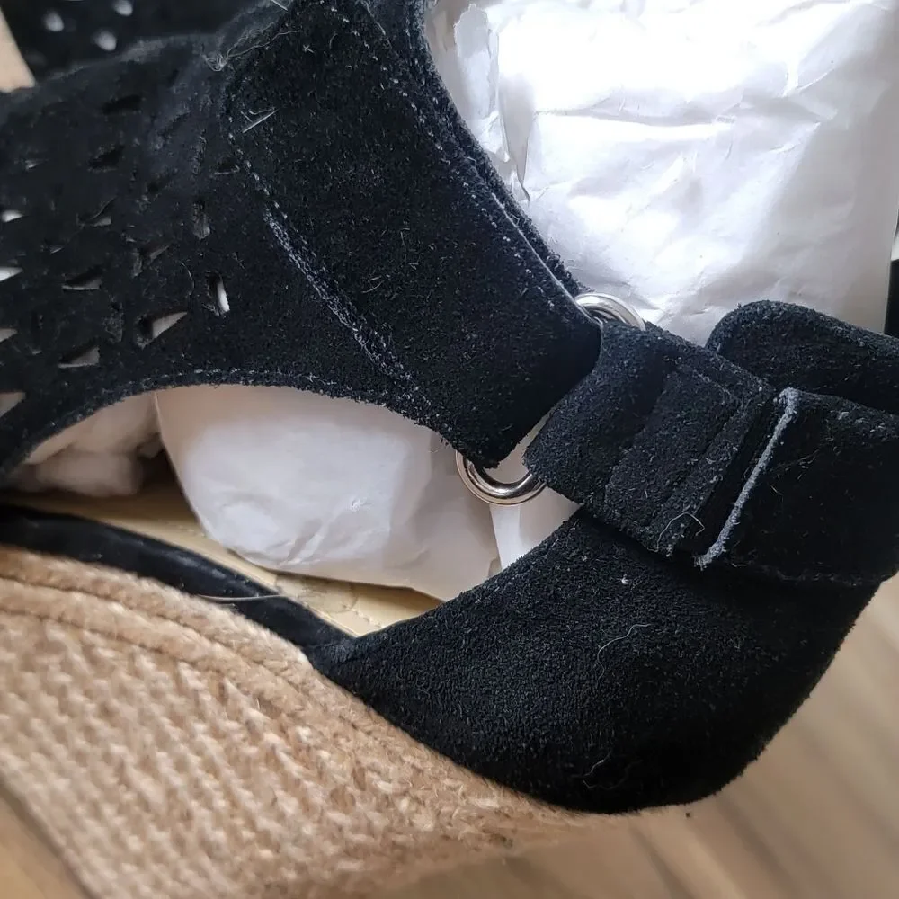 Marc Fisher Helina Platform Laser Cutout Suede Peep Toe Espadrille Wedge Black